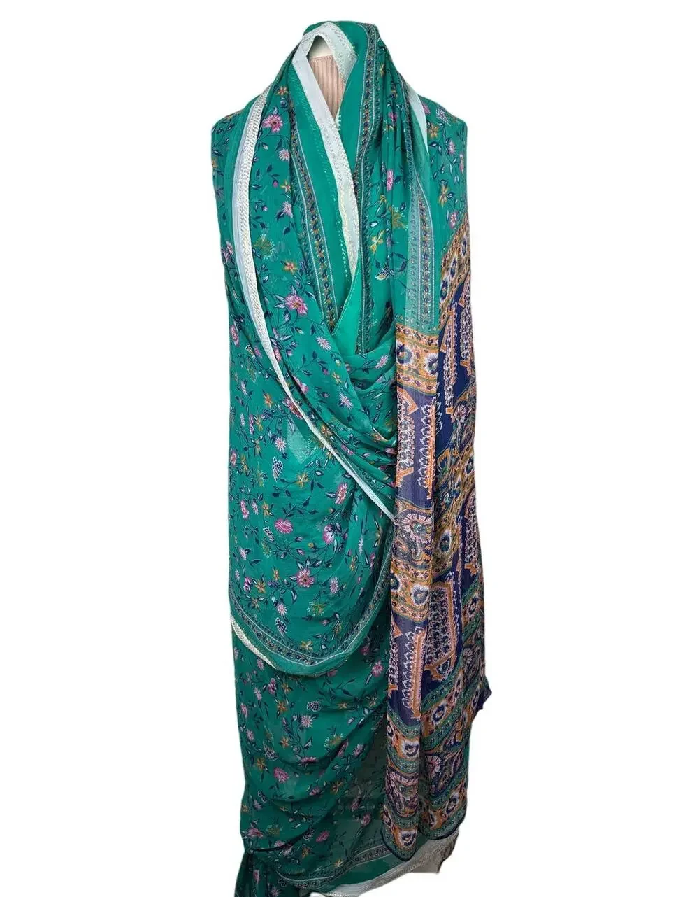 Green Brown Long Scarf Silk Floral Around Neck Rectangle Shaped Regular Fit